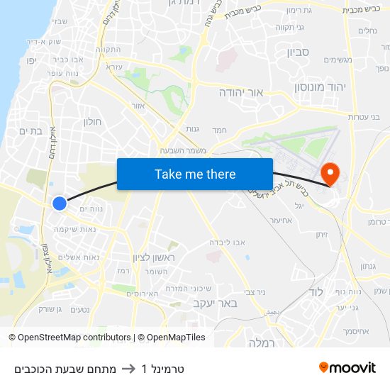 מתחם שבעת הכוכבים to טרמינל 1 map