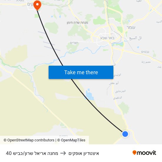 מחנה אריאל שרון/כביש 40 to איצטדיון אופקים map