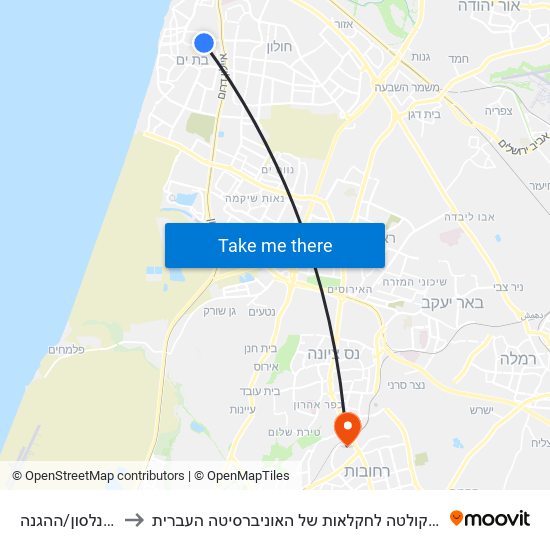 כצנלסון/ההגנה to הפקולטה לחקלאות של האוניברסיטה העברית map