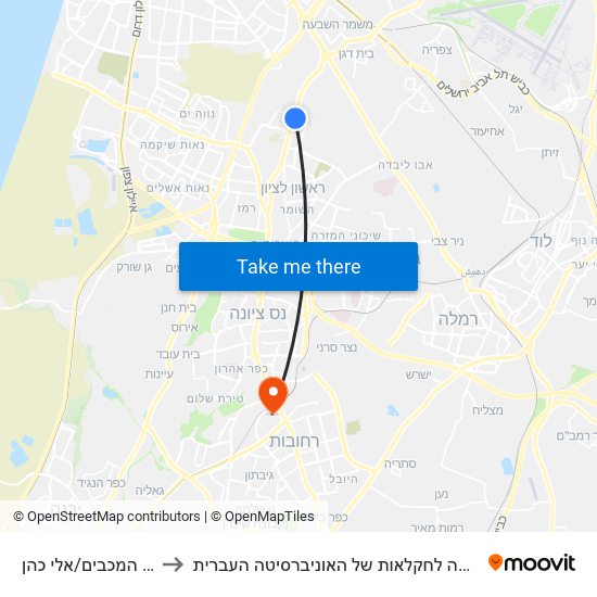 דרך המכבים/אלי כהן to הפקולטה לחקלאות של האוניברסיטה העברית map