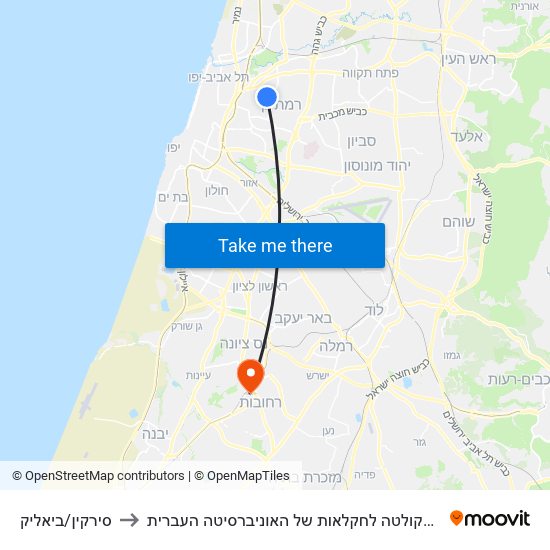 סירקין/ביאליק to הפקולטה לחקלאות של האוניברסיטה העברית map