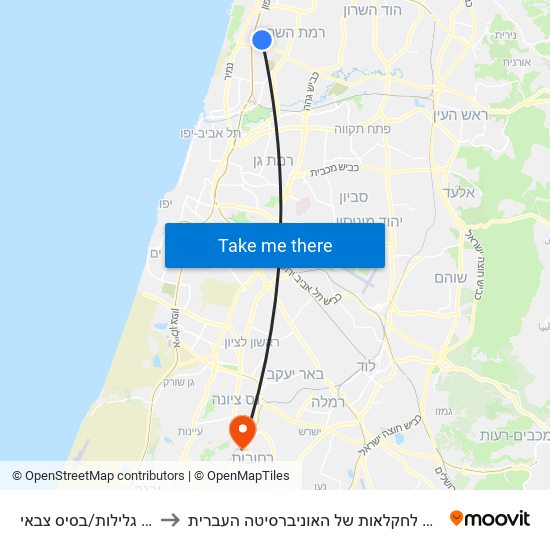 צומת גלילות/בסיס צבאי to הפקולטה לחקלאות של האוניברסיטה העברית map