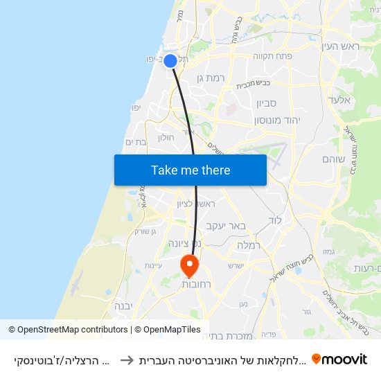 גימנסיה הרצליה/ז'בוטינסקי to הפקולטה לחקלאות של האוניברסיטה העברית map