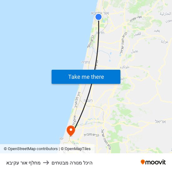 מחלף אור עקיבא to היכל מנורה מבטחים map