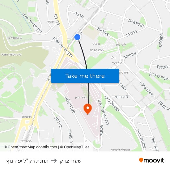 תחנת רק''ל יפה נוף to שערי צדק map