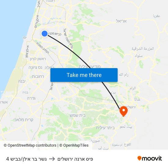 גשר בר אילן/כביש 4 to פיס ארנה ירושלים map