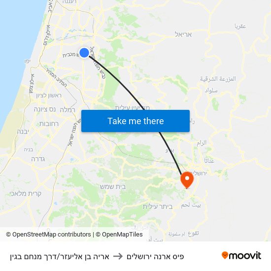 אריה בן אליעזר/דרך מנחם בגין to פיס ארנה ירושלים map