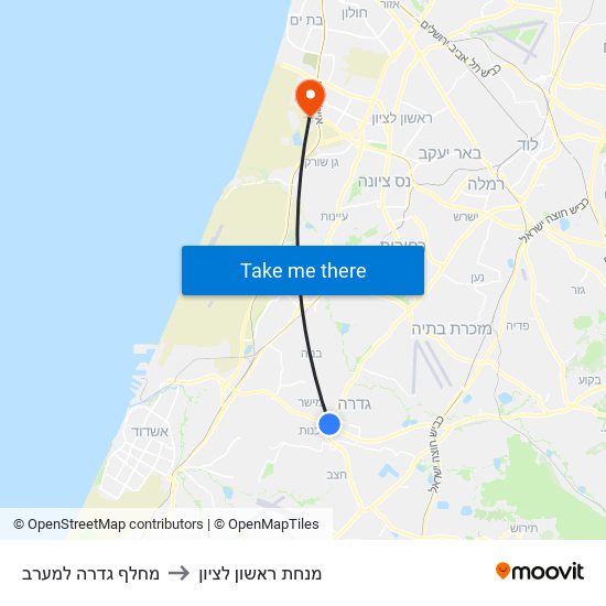 מחלף גדרה למערב to מנחת ראשון לציון map