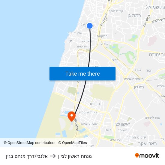 אלנבי/דרך מנחם בגין to מנחת ראשון לציון map