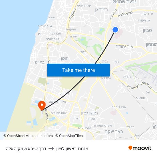 דרך שיבא/עמק האלה to מנחת ראשון לציון map