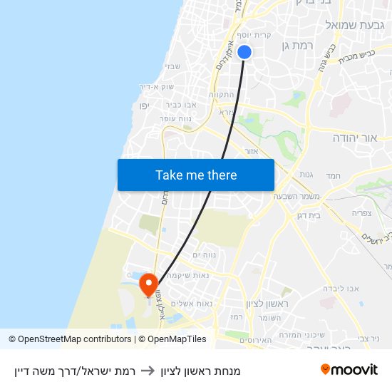 רמת ישראל/דרך משה דיין to מנחת ראשון לציון map