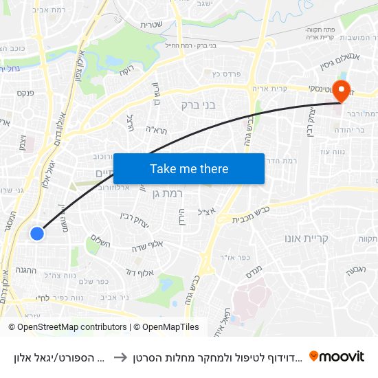 היכל הספורט/יגאל אלון to מרכז דוידוף לטיפול ולמחקר מחלות הסרטן map