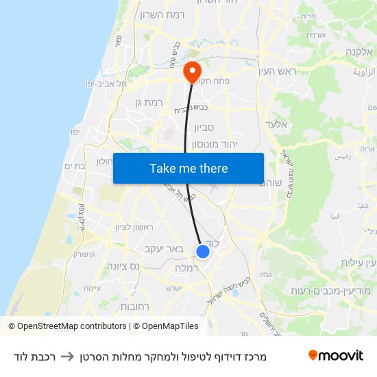 רכבת לוד to מרכז דוידוף לטיפול ולמחקר מחלות הסרטן map