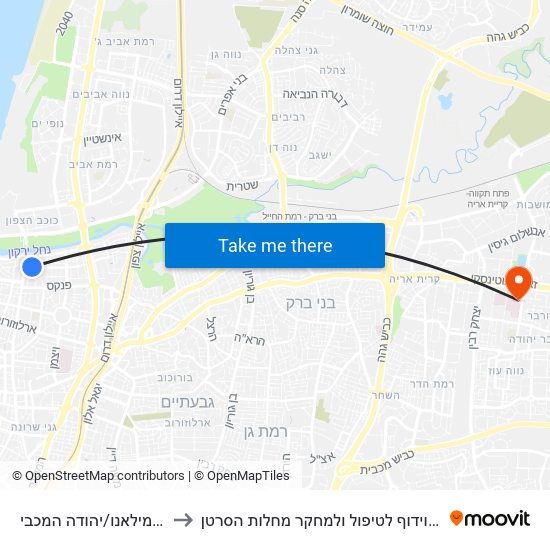 כיכר מילאנו/יהודה המכבי to מרכז דוידוף לטיפול ולמחקר מחלות הסרטן map