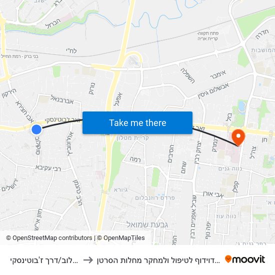 סוקולוב/דרך ז'בוטינסקי to מרכז דוידוף לטיפול ולמחקר מחלות הסרטן map