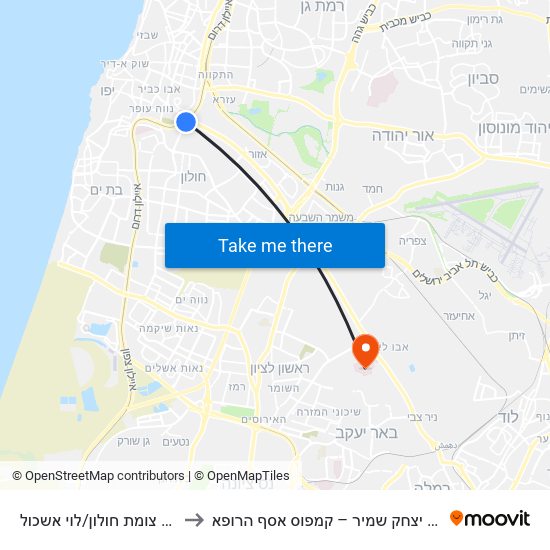 ת. רכבת צומת חולון/לוי אשכול to מרכז רפואי יצחק שמיר – קמפוס אסף הרופא map