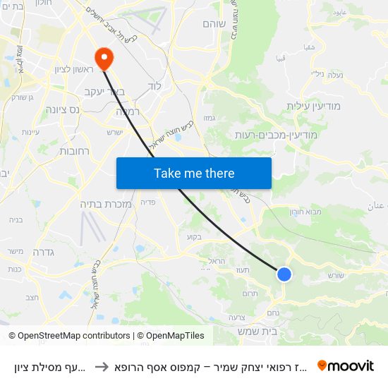 מסעף מסילת ציון to מרכז רפואי יצחק שמיר – קמפוס אסף הרופא map
