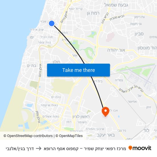 דרך בגין/אלנבי to מרכז רפואי יצחק שמיר – קמפוס אסף הרופא map