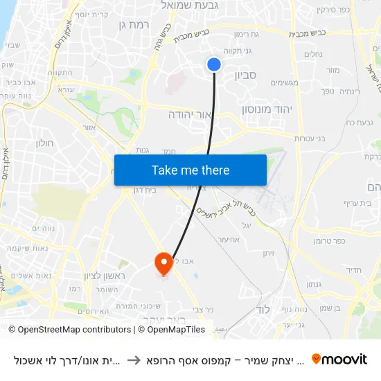 קניון קריית אונו/דרך לוי אשכול to מרכז רפואי יצחק שמיר – קמפוס אסף הרופא map