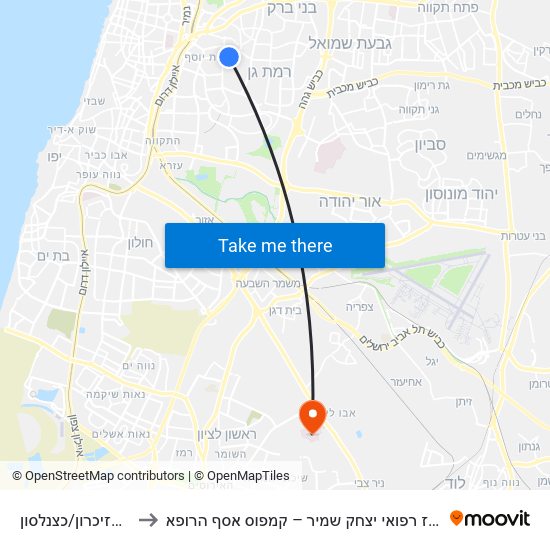 גן הזיכרון/כצנלסון to מרכז רפואי יצחק שמיר – קמפוס אסף הרופא map