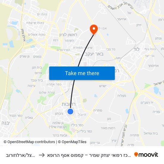 הרצל/ארלוזורוב to מרכז רפואי יצחק שמיר – קמפוס אסף הרופא map