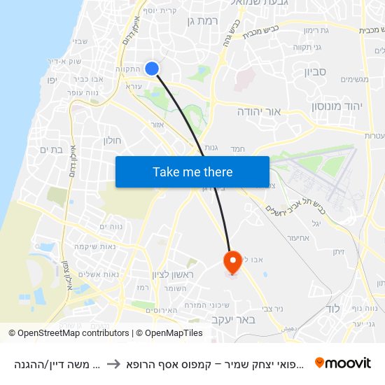 דרך משה דיין/ההגנה to מרכז רפואי יצחק שמיר – קמפוס אסף הרופא map