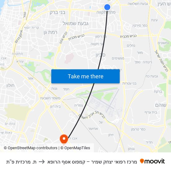 ת. מרכזית פ''ת to מרכז רפואי יצחק שמיר – קמפוס אסף הרופא map