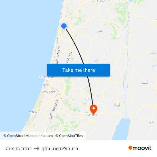 רכבת בנימינה to בית חולים סנט ג'וזף map