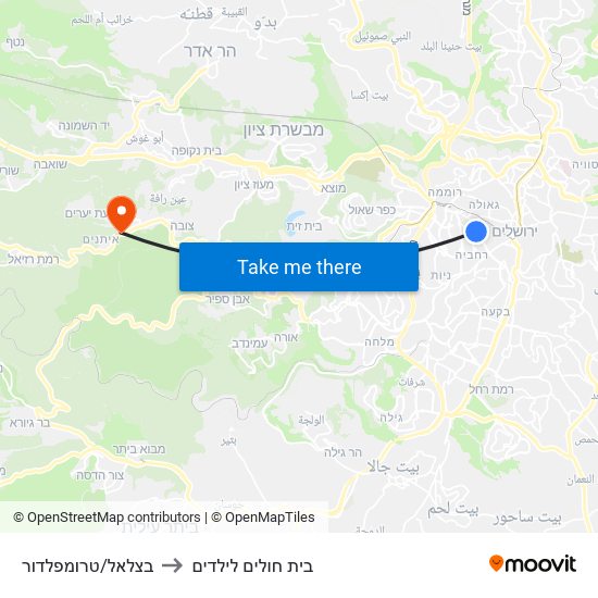 בצלאל/טרומפלדור to בית חולים לילדים map