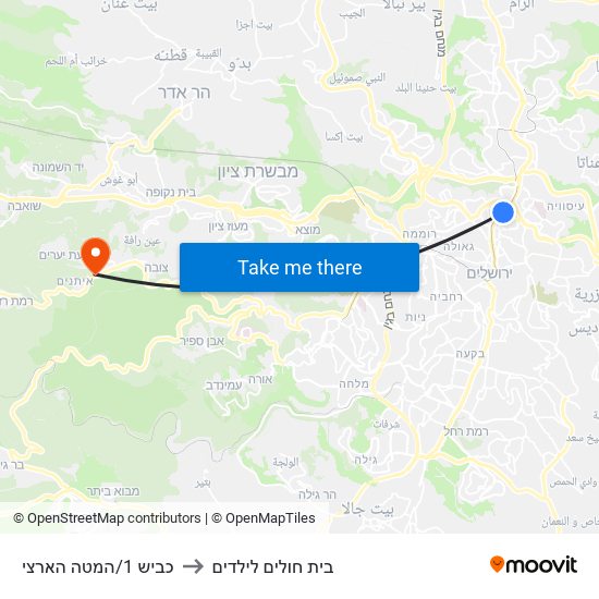 כביש 1/המטה הארצי to בית חולים לילדים map