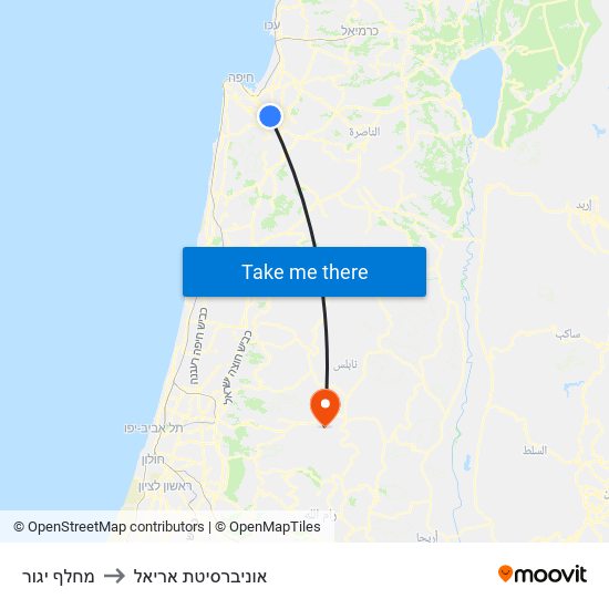 מחלף יגור to אוניברסיטת אריאל map