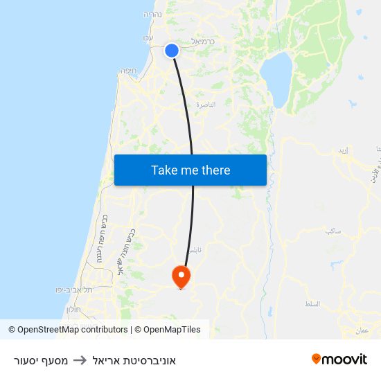 מסעף יסעור to אוניברסיטת אריאל map