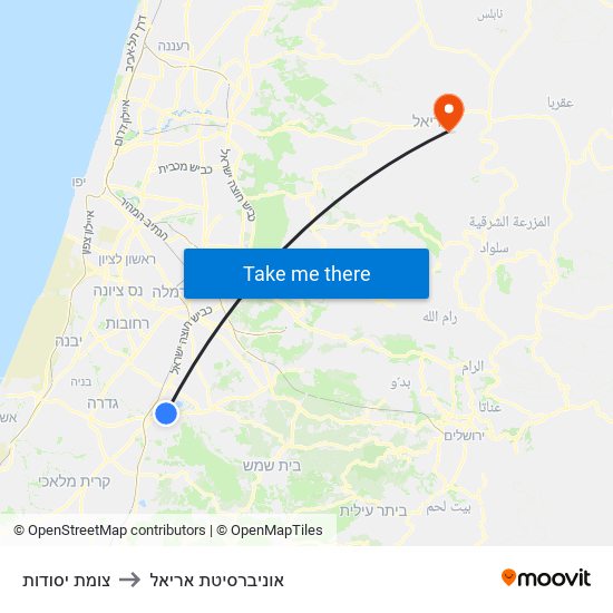 צומת יסודות to אוניברסיטת אריאל map