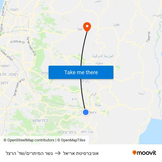 גשר המיתרים/שד' הרצל to אוניברסיטת אריאל map