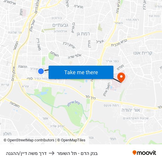 דרך משה דיין/ההגנה to בנק הדם - תל השומר map