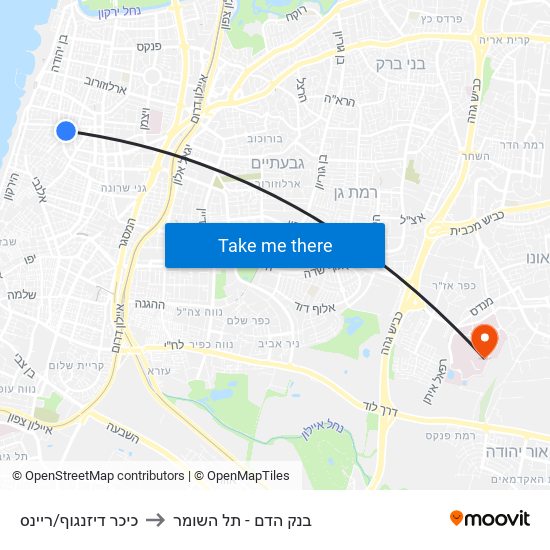 כיכר דיזנגוף/ריינס to בנק הדם - תל השומר map