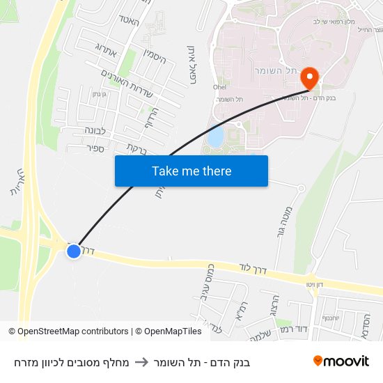 מחלף מסובים   לכיוון מזרח to בנק הדם - תל השומר map