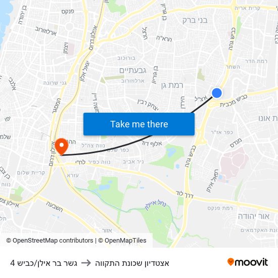 גשר בר אילן/כביש 4 to אצטדיון שכונת התקווה map