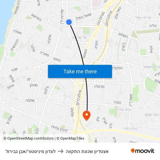 לונדון מיניסטור/אבן גבירול to אצטדיון שכונת התקווה map