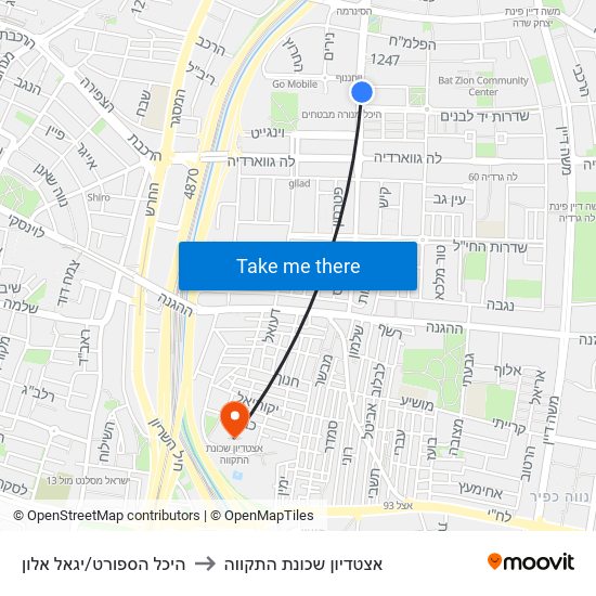 היכל הספורט/יגאל אלון to אצטדיון שכונת התקווה map