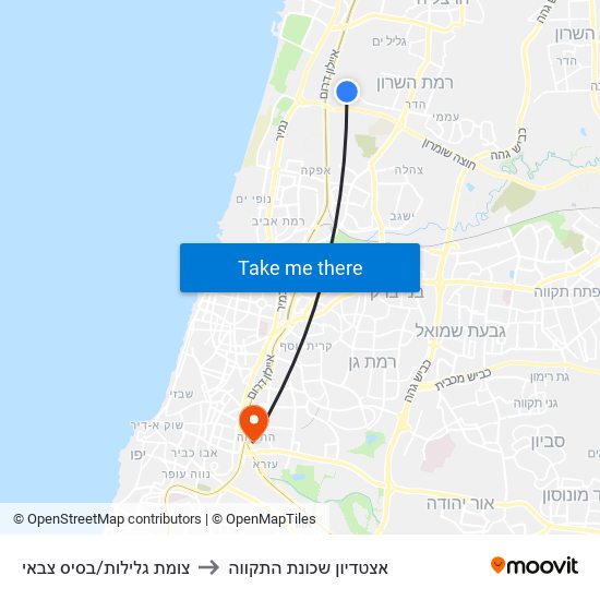 צומת גלילות/בסיס צבאי to אצטדיון שכונת התקווה map