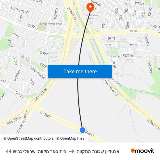 בית ספר מקווה ישראל/כביש 44 to אצטדיון שכונת התקווה map