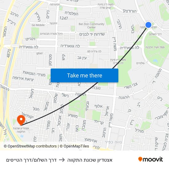 דרך השלום/דרך הטייסים to אצטדיון שכונת התקווה map