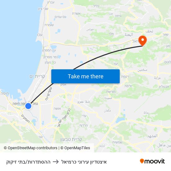 ההסתדרות/בתי זיקוק to איצטדיון עירוני כרמיאל map