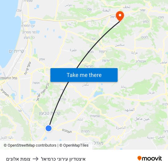צומת אלונים to איצטדיון עירוני כרמיאל map