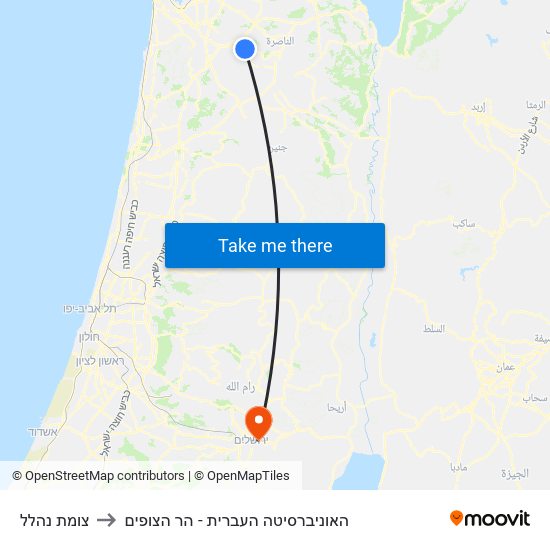 צומת נהלל to האוניברסיטה העברית - הר הצופים map