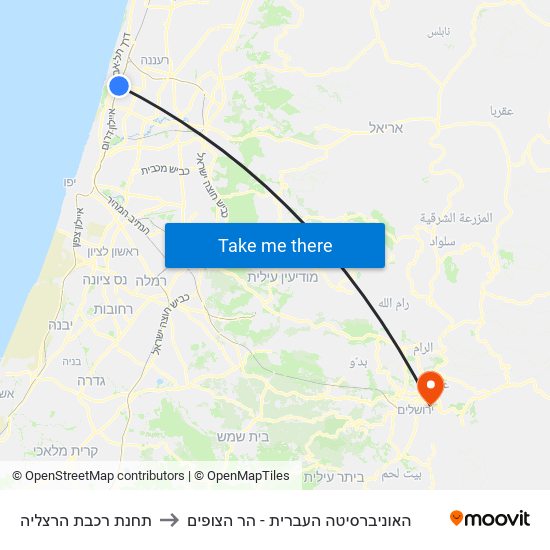 תחנת רכבת הרצליה to האוניברסיטה העברית - הר הצופים map