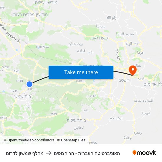 מחלף שמשון לדרום to האוניברסיטה העברית - הר הצופים map