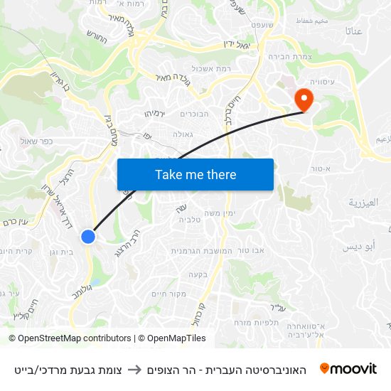 צומת גבעת מרדכי/בייט to האוניברסיטה העברית - הר הצופים map