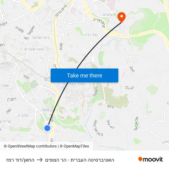 החאן/דוד רמז to האוניברסיטה העברית - הר הצופים map